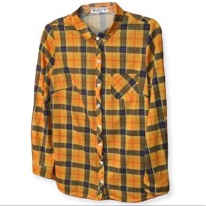 DOUBLJU Plaid Button-Up Convertible Sleeve Top